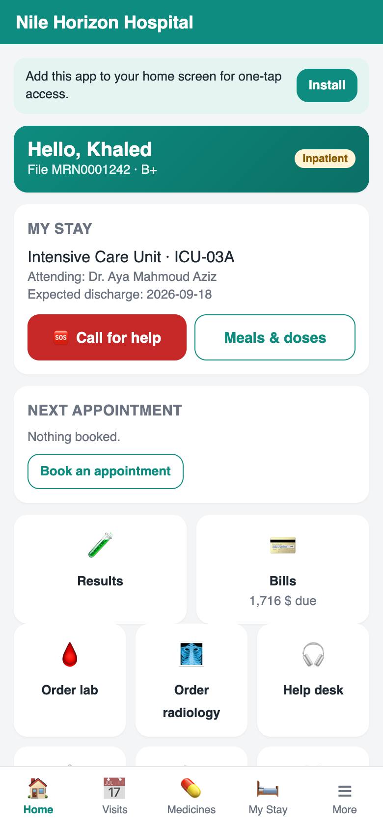 The patient home: today’s visit, medicines due, results.