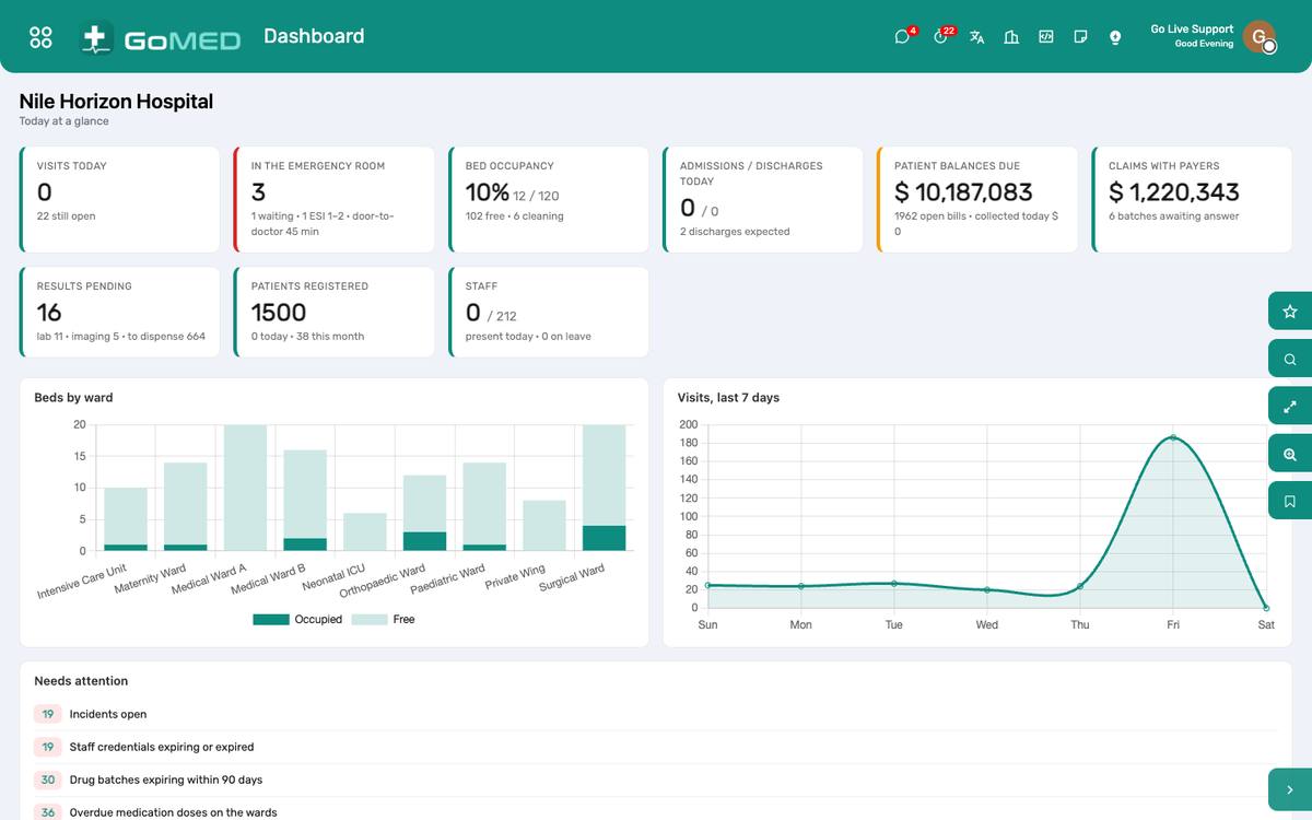 The nursing dashboard: doses due and overdue, tasks, handovers and the fortnight’s charts.