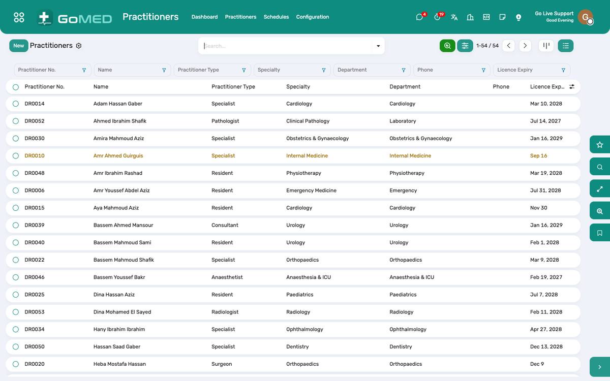 Practitioners by department and specialty, with their consultation service.